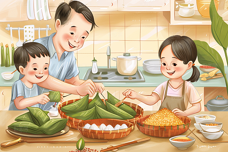 端午包粽子节日氛围糯米插画