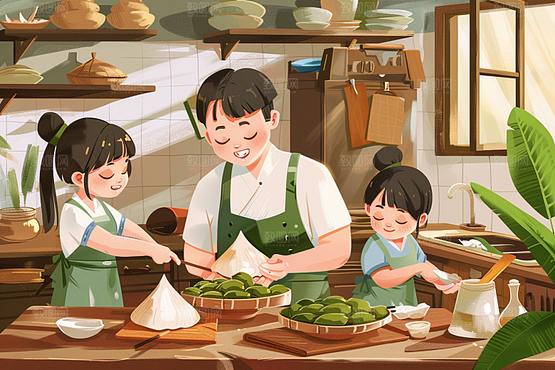 端午包粽子节日氛围幸福插画