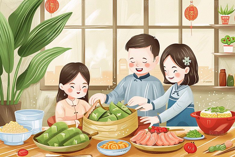端午包粽子节日氛围阖家团聚插画