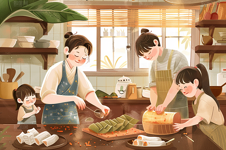 端午包粽子美食高清插画