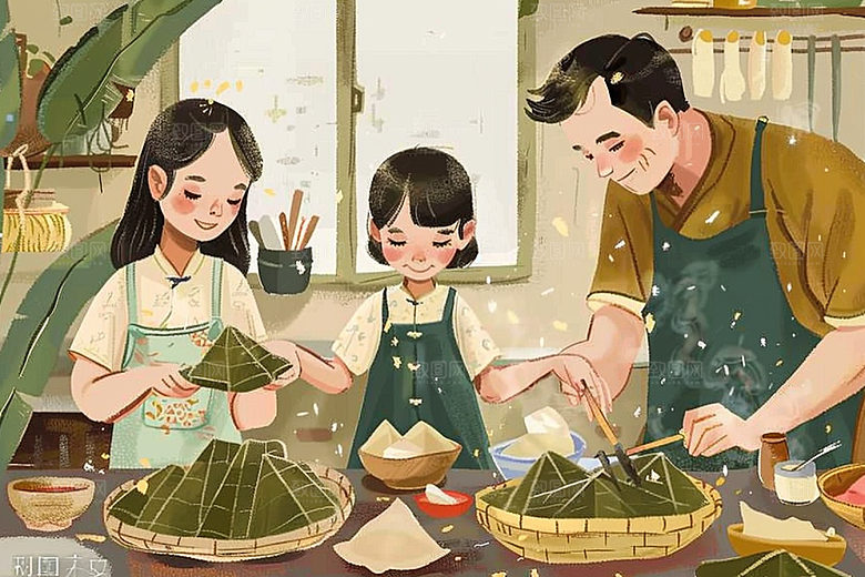 端午包粽子节日氛围幸福插画