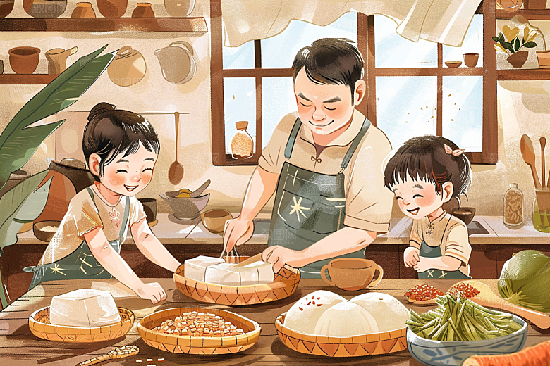 端午包粽子阖家团聚手绘插画