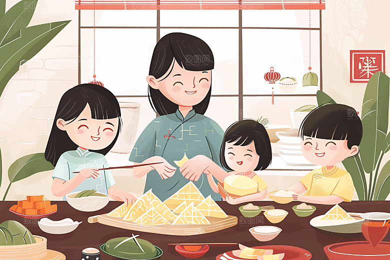 端午包粽子糯米阖家团聚插画