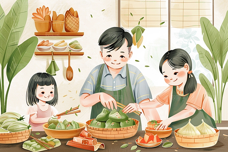 端午包粽子节日氛围手绘插画