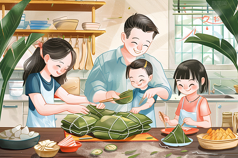 端午包粽子端午节阖家团聚插画