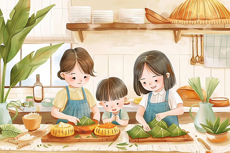 端午包粽子手绘习俗插画