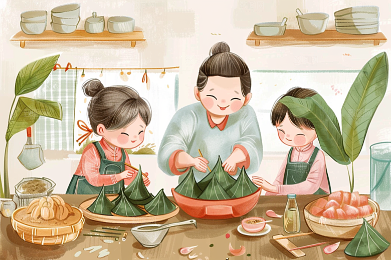 端午包粽子美味手绘插画