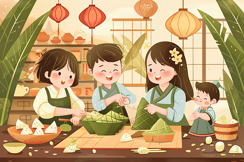 端午包粽子美食节日插画