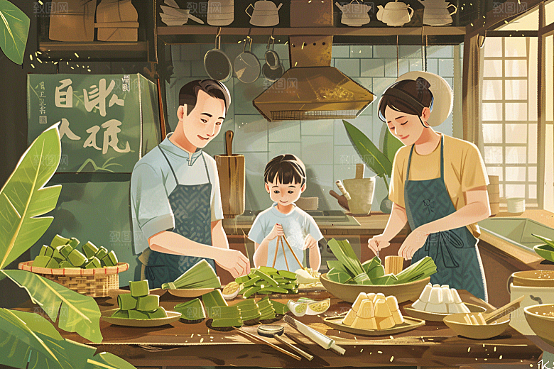 端午包粽子糯米节日插画
