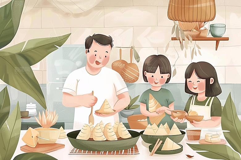 端午包粽子传统文化温馨插画