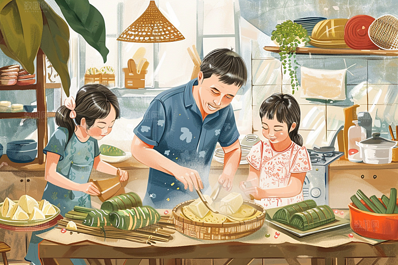 端午包粽子美食幸福插画