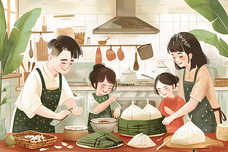 端午包粽子手绘小吃插画