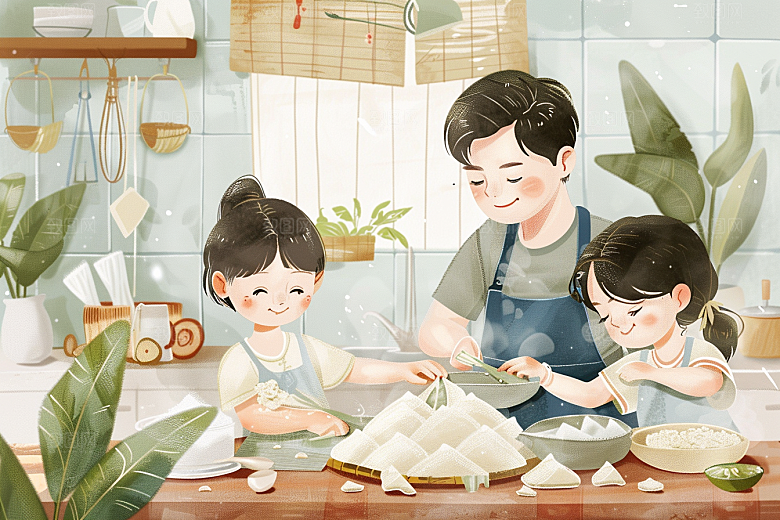 端午包粽子节日幸福插画