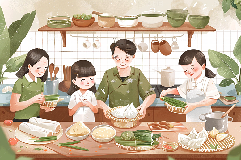 端午包粽子端午节节日氛围插画