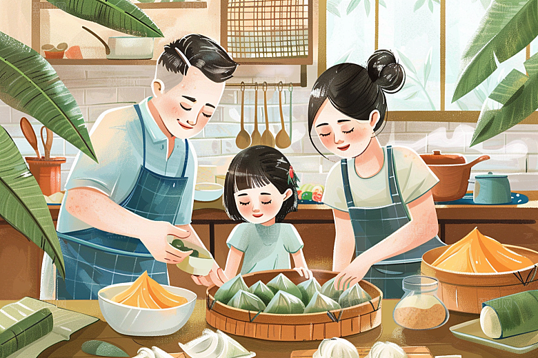 端午包粽子美食节日氛围插画