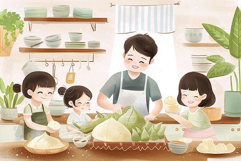 端午包粽子阖家团聚小吃插画