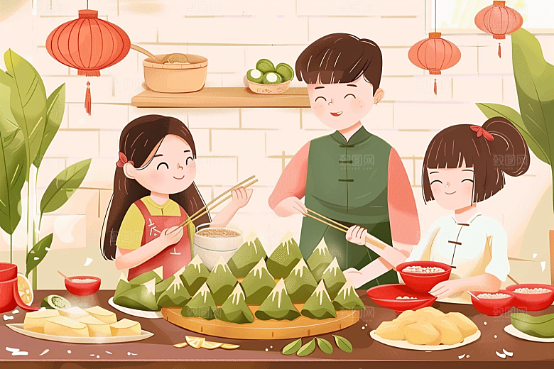 端午包粽子高清节日插画