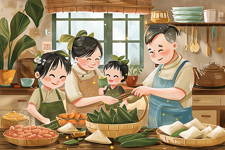 端午包粽子粽叶习俗插画