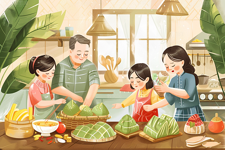 端午包粽子节日氛围高清插画
