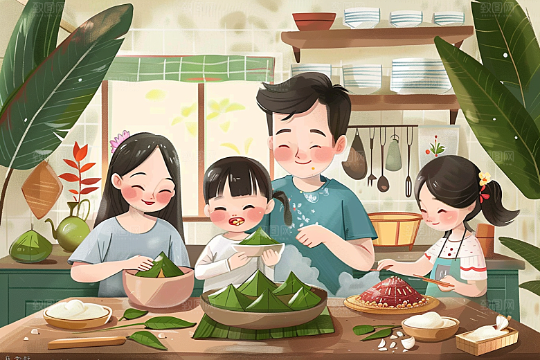 端午包粽子传统文化阖家团聚插画