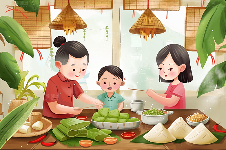端午包粽子美食幸福插画