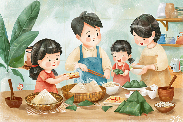 端午包粽子阖家团聚粽叶插画