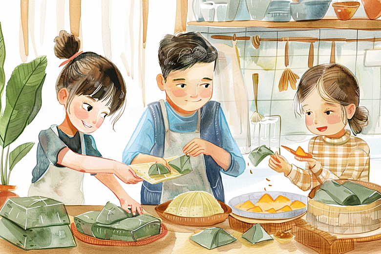 端午包粽子幸福传统文化插画