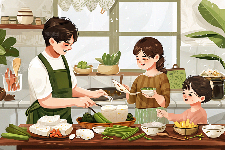 端午包粽子阖家团聚高清插画