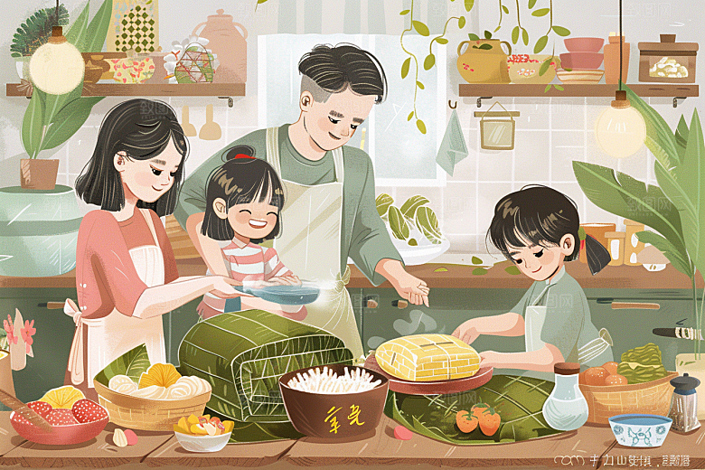 端午包粽子温馨粽叶插画