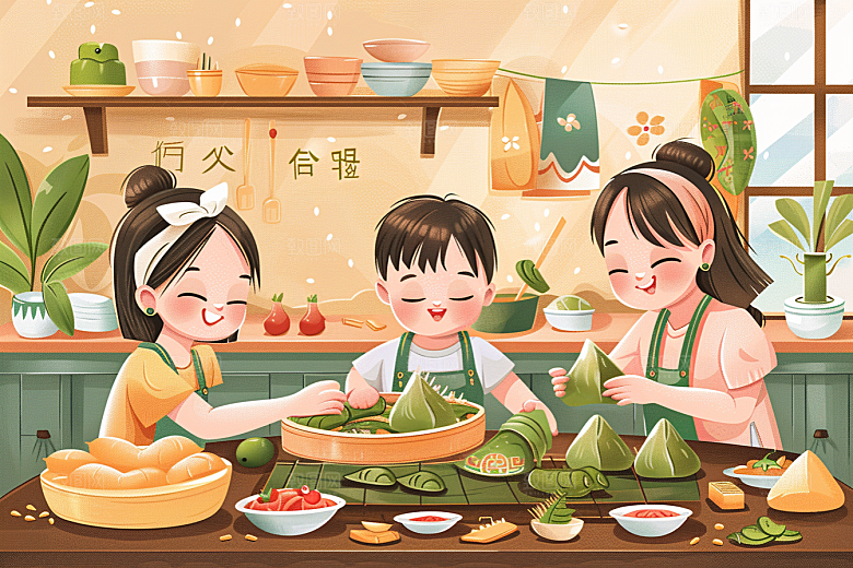 端午包粽子美食粽叶插画