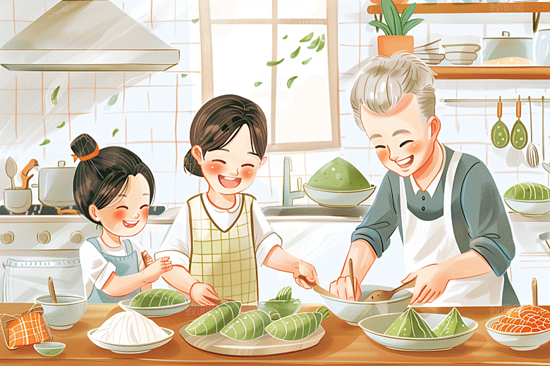 端午包粽子习俗传统文化插画