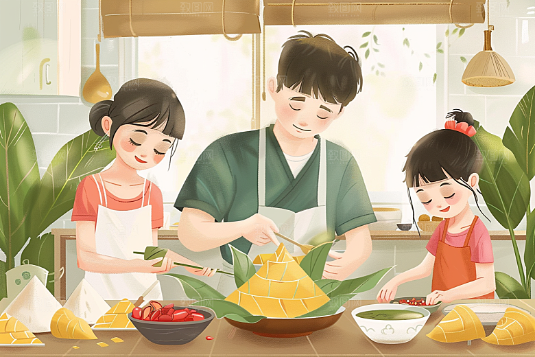 端午包粽子节日温馨插画