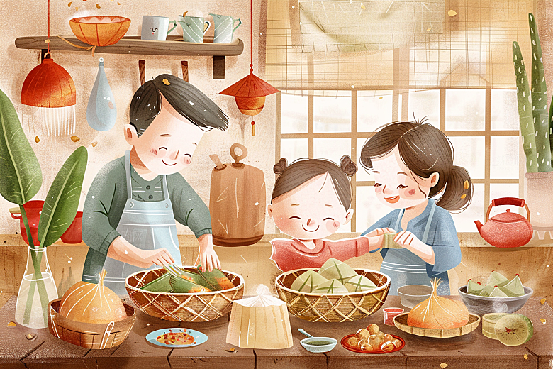 端午包粽子阖家团聚节日插画