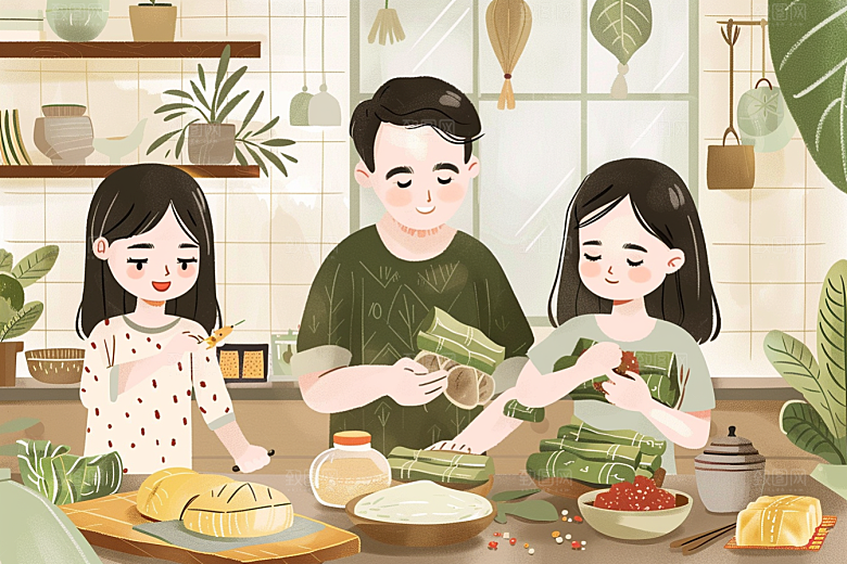 端午包粽子节日氛围小吃插画