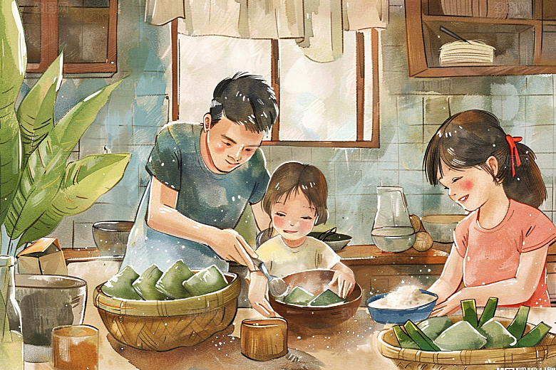 端午包粽子习俗端午节插画