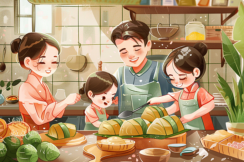 端午包粽子高清温馨插画