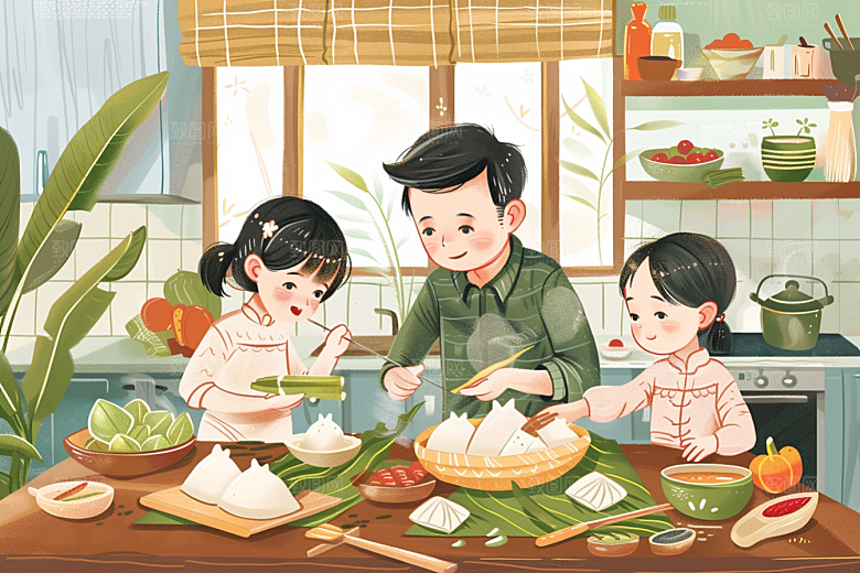 端午包粽子习俗端午节插画
