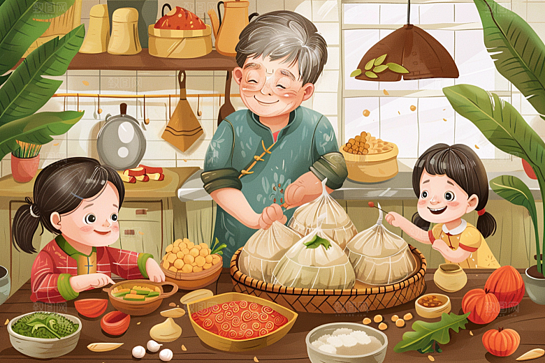 端午包粽子传统文化高清插画