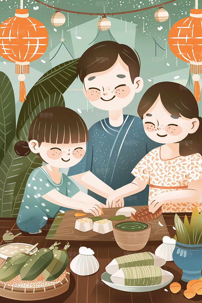 端午包粽子粽叶节日插画