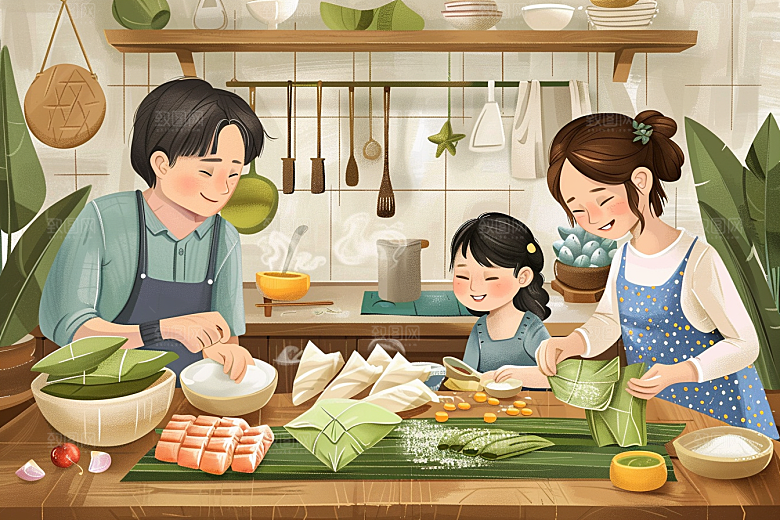 端午包粽子传统文化习俗插画
