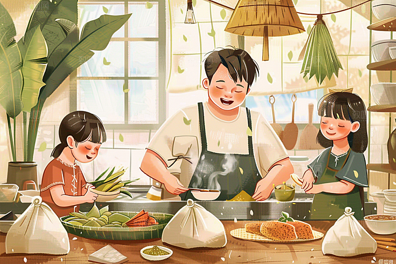 端午包粽子端午节阖家团聚插画