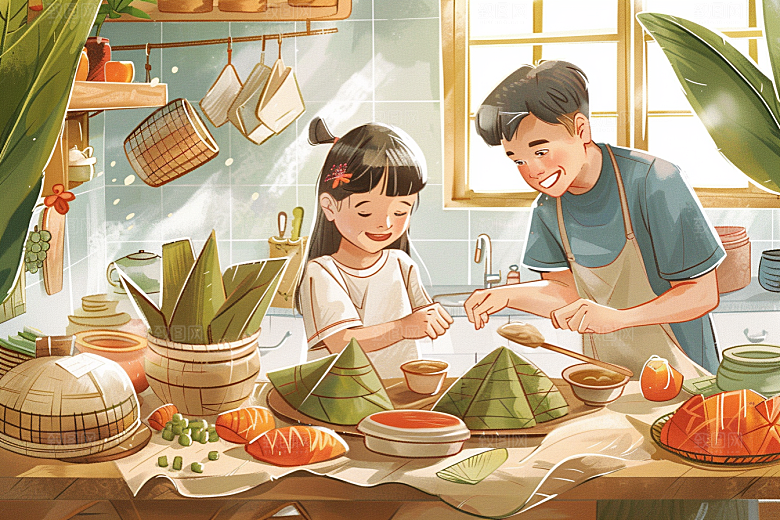 端午包粽子小吃节日氛围插画