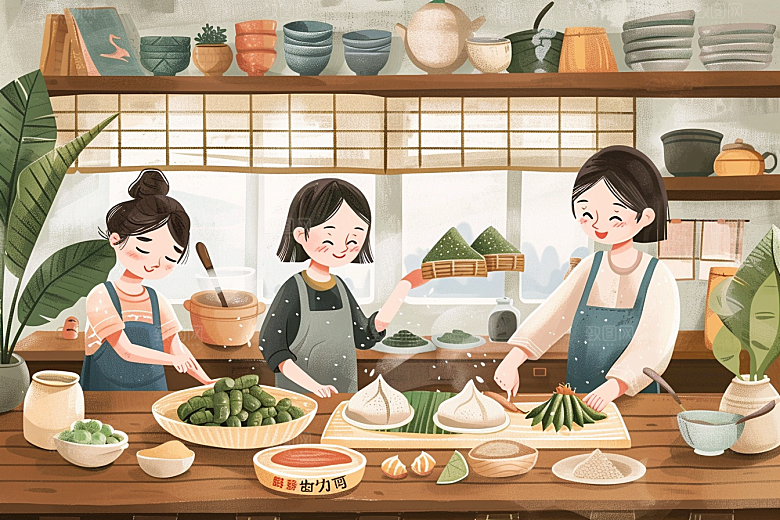 端午包粽子美食阖家团聚插画