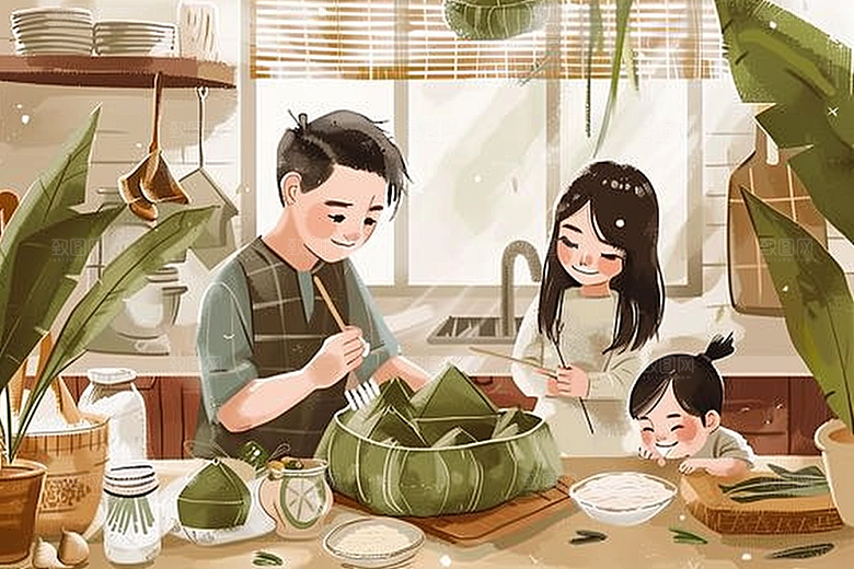 端午包粽子粽叶糯米插画