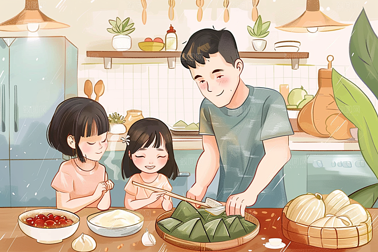 端午包粽子传统文化阖家团聚插画