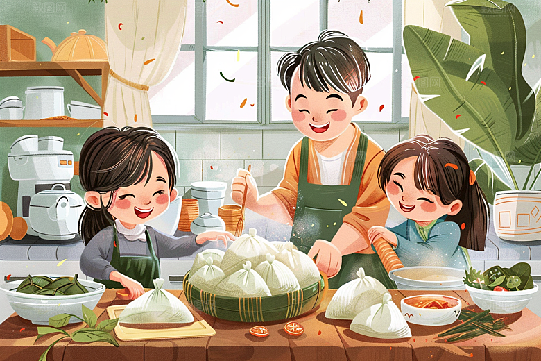 端午包粽子美食习俗插画