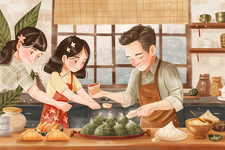 端午包粽子手绘小吃插画