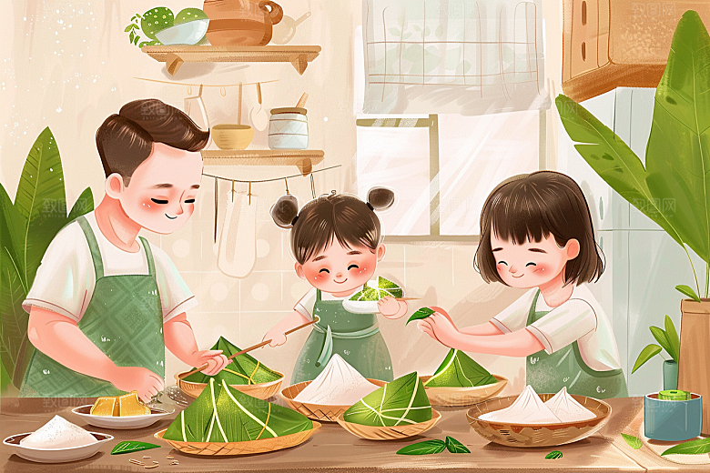 端午包粽子节日氛围高清插画