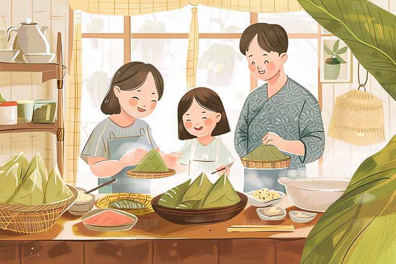 端午包粽子手绘传统文化插画