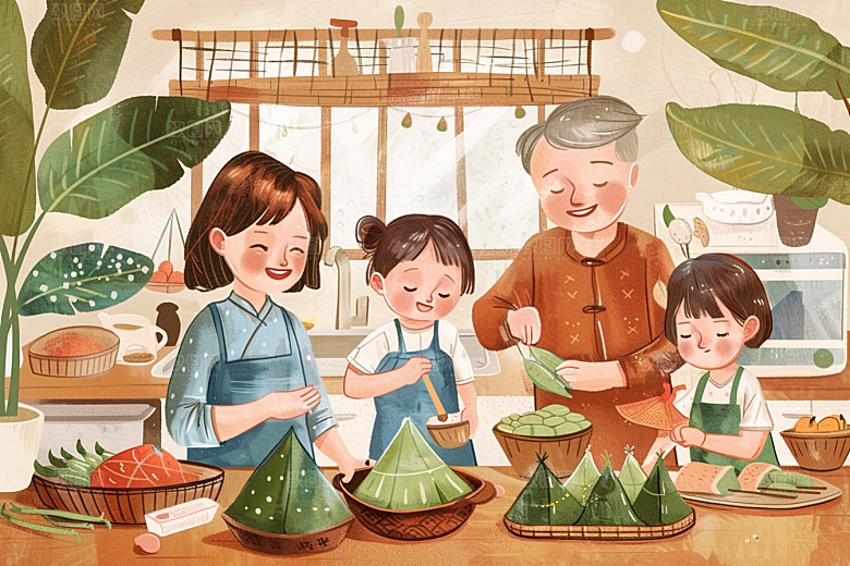 端午包粽子节日温馨插画
